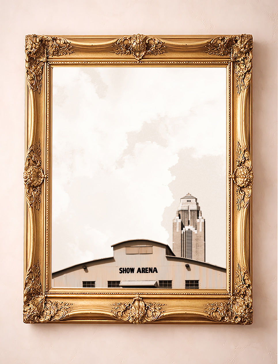 Show Arena Fort Worth art print by Betsy Crum in ornate gold frame, big Texas sky over the stock show arena
