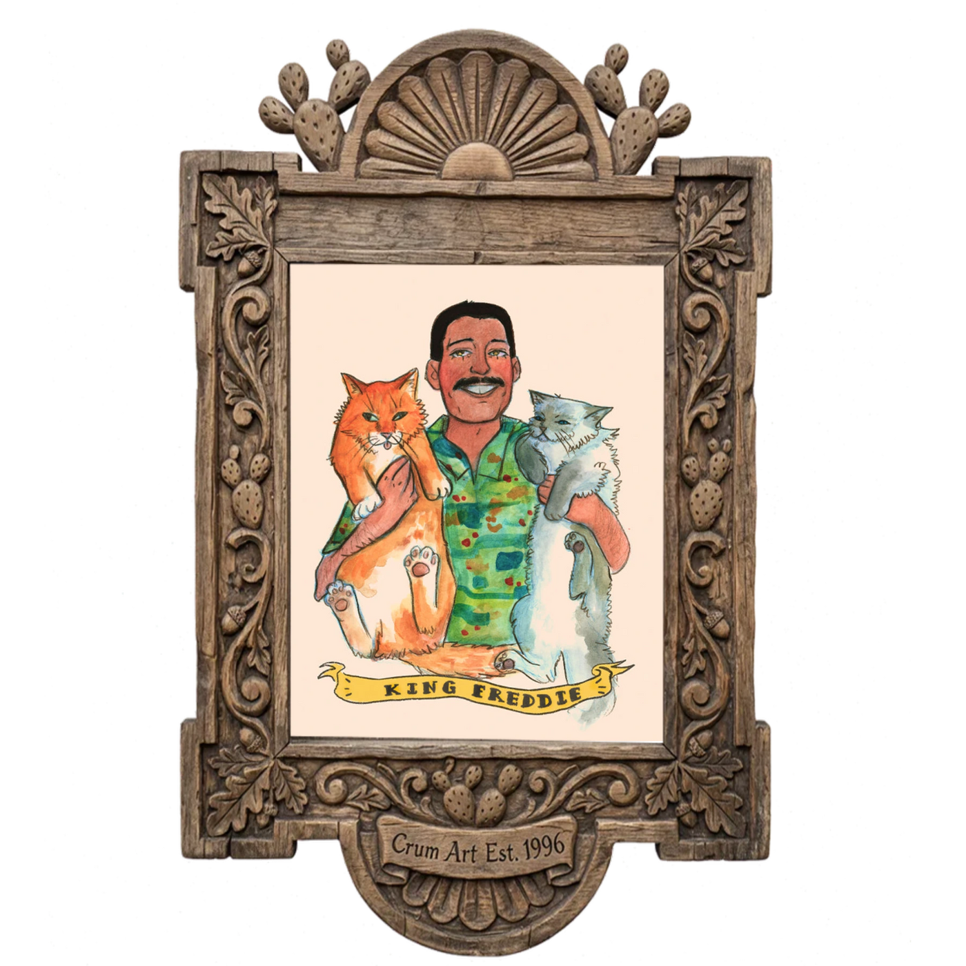 Freddie Mercury Cats Print — art print by Caya Crum in a carved wood frame