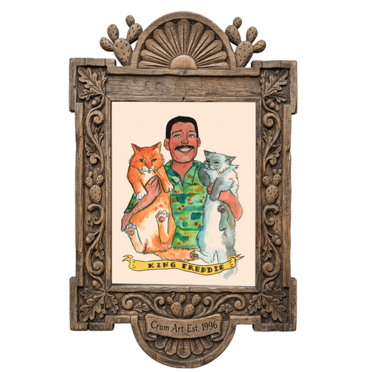 Freddie Mercury Cats Print — art print by Caya Crum in a carved wood frame