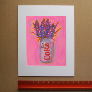 Fridge Cig Art Print by Caya Crum.  This Diet Coke can fine art print is full of bluebonnets and ready to gift.  Shown here matted in a white mat to an 11x14" frame, the print is 8x10".  Gallery wall art signed by the artist. 