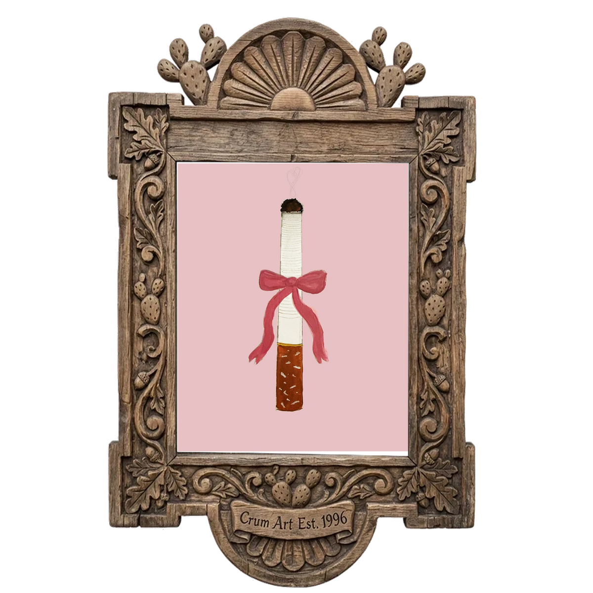 Cigarette with a Bow — fridge cig art print by Tavi Crum in a carved wood frame