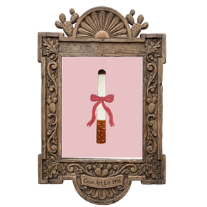 Cigarette with a Bow — fridge cig art print by Tavi Crum in a carved wood frame