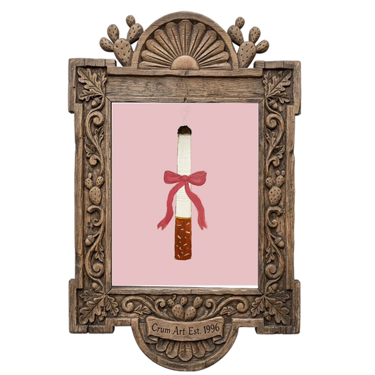 Cigarette with a Bow — fridge cig art print by Tavi Crum in a carved wood frame