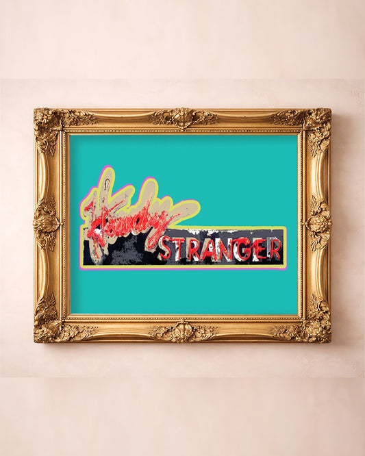 Howdy print in late afternoon orange by Betsy Crum, Threadgill's neon sign art in a gold frame