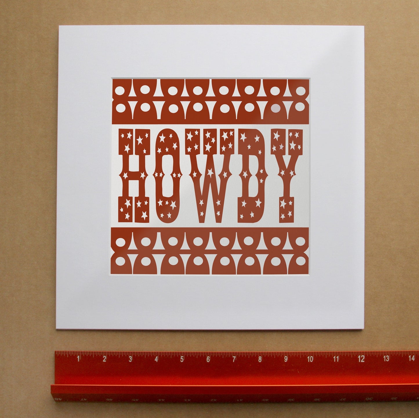 Texas Art Print — Orange Game-Day Howdy Print | Betsy Crum Art in matted square frame mockup
