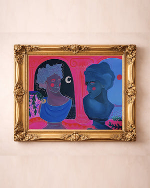Greco Roman Hot Pink Busts pink wall art print by Caya Crum — in a gold frame