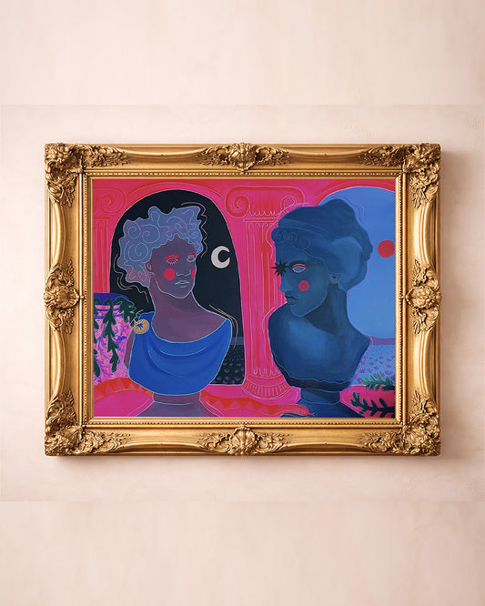 Greco Roman Hot Pink Busts pink wall art print by Caya Crum — in a gold frame