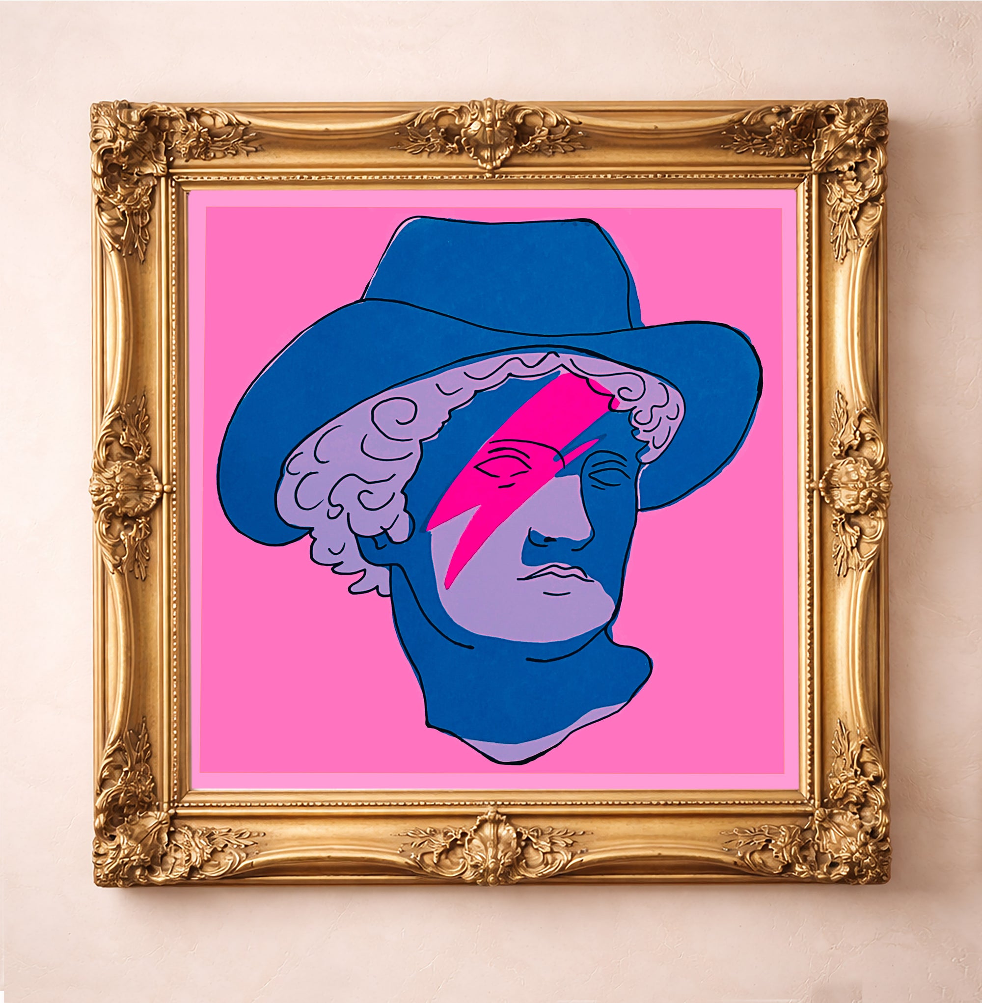 A pop art interpretation of a greco roman statue.  This print is predominately pink and blue with a lightening bolt across his face. It's relevant, it's forward and fresh.