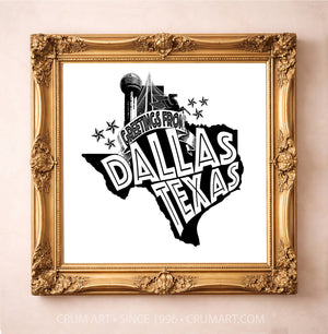 Greetings From Dallas Print art print in a gold frame by Carl Crum — square dallas art from Crum Art, available at crumart.com. This museum quality print is made right here in Texas.