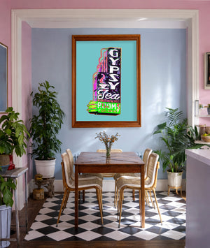 Gypsy Tea Room Dallas print by Betsy Crum framed in a pink and blue room