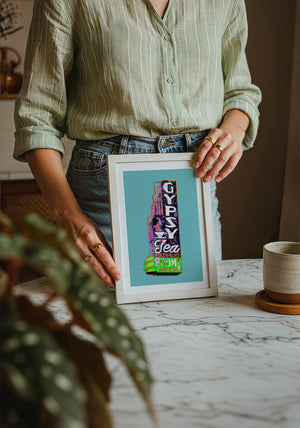 Gypsy Tea Room Dallas art print by Betsy Crum — neutral frame room mockup