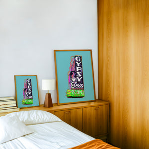 Gypsy Tea Room Dallas art print by Betsy Crum — framed in a wood-accent room