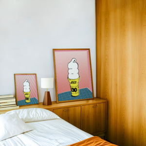 DQ Cone Halftone kitchen wall art print by Betsy Crum — framed in a wood-accent room