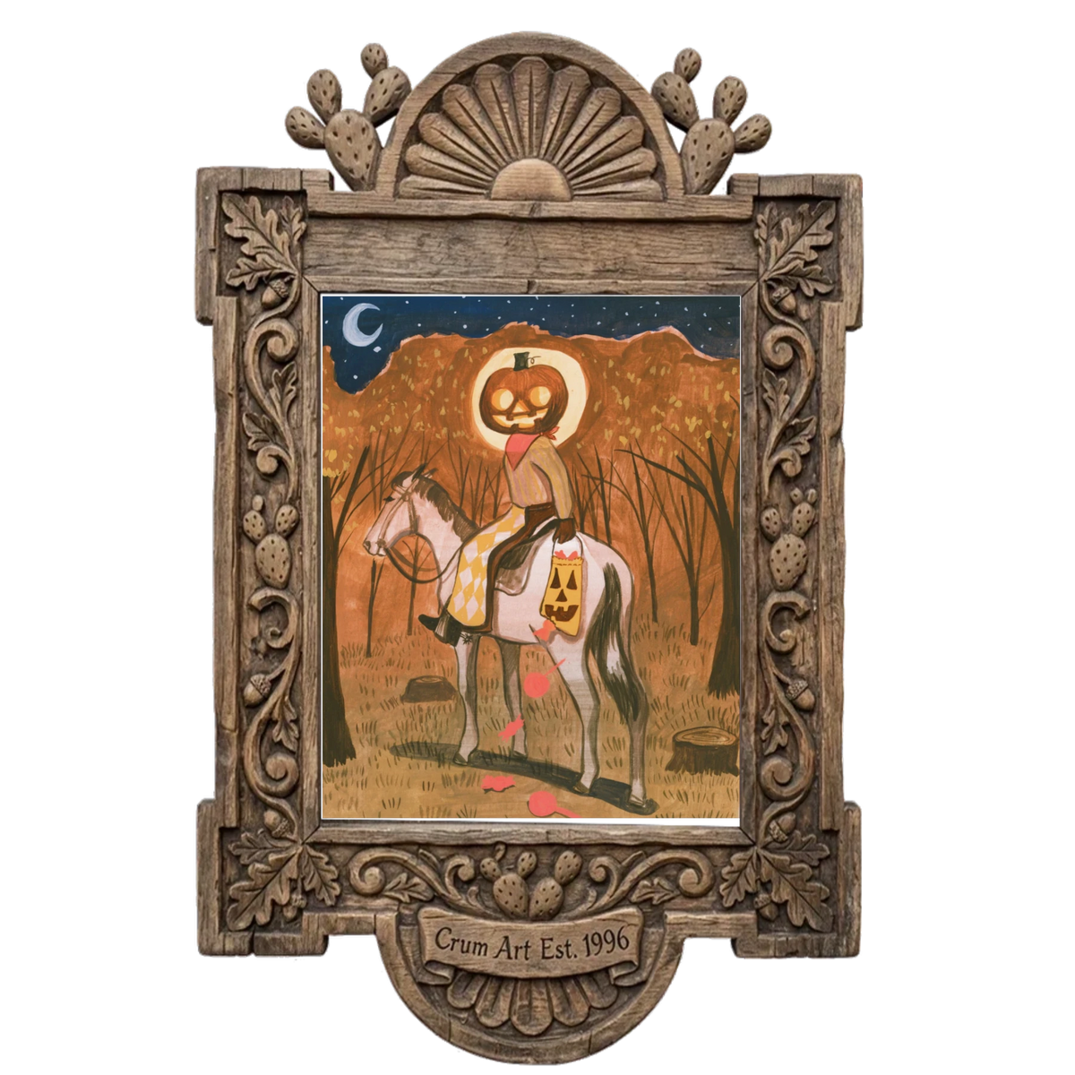 Jack-O-Lantern Cowboy by Caya Crum in a carved wood frame — limited edition Halloween art print