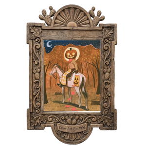Jack-O-Lantern Cowboy by Caya Crum in a carved wood frame — limited edition Halloween art print