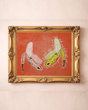 Happy Bananas kitchen art print by Betsy Crum in a gold frame