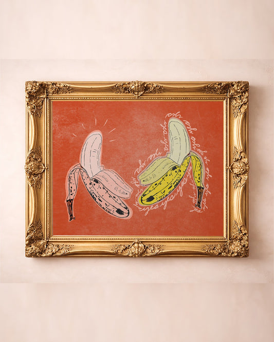 Happy Bananas kitchen art print by Betsy Crum in a gold frame
