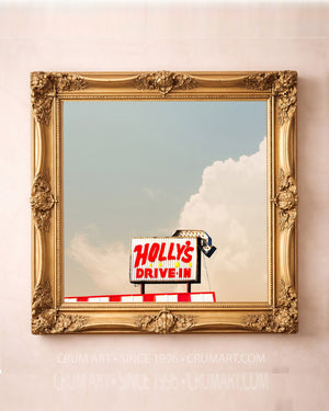 Holly's Drive In Lubbock art print by Betsy Crum in a square gold frame
