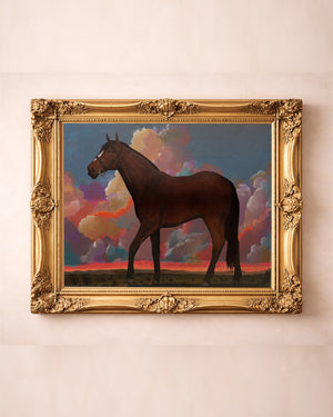 Horse and clouds western art print by Caya Crum in a gold frame