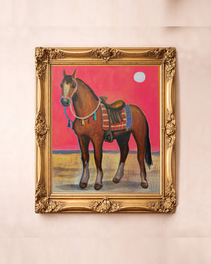 Bay horse art print by Caya Crum in a gold frame, chestnut horse with hot pink sky