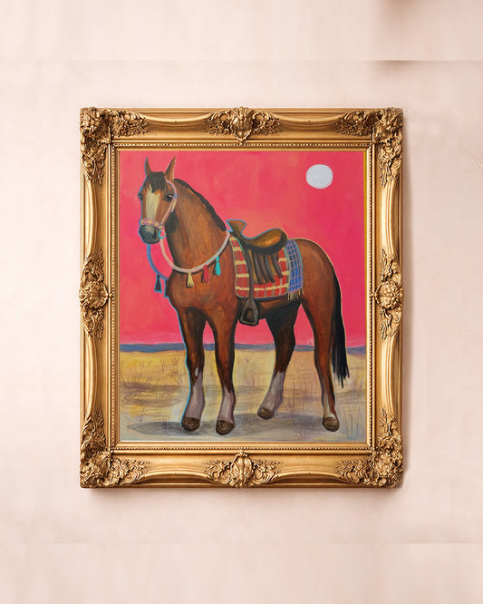 Saddled Horse Under a Pink Sky — horse art print by Caya Crum in a square gold frame
