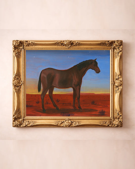 Sunset Horse — horizontal horse art print by Caya Crum in a gold frame