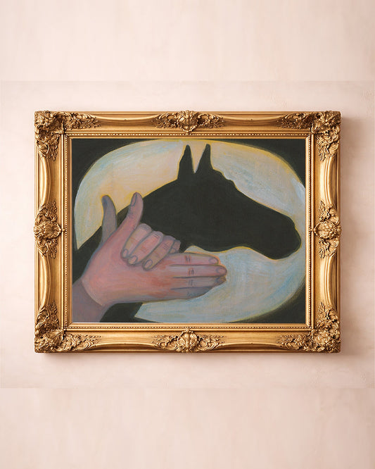 Shadow Puppet horse art print by Caya Crum — in a gold frame
