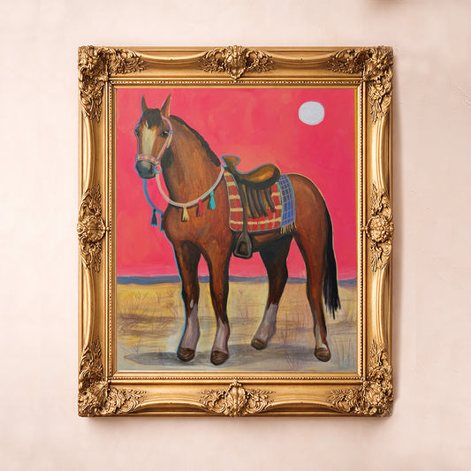 Horse Art | Saddled Horse Under a Pink Sky | Caya Crum