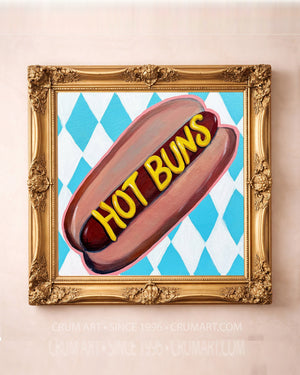 Hot Buns Hot Dog art print in a gold frame by Caya Crum — square kitchen art from Crum Art, available at crumart.com. This museum quality print is made right here in Texas.