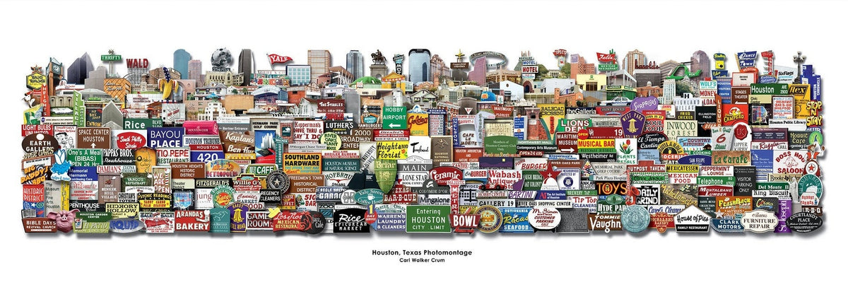 Houston roadside photomontage 12x36 panoramic art print by Carl Crum — vintage Houston signs and landmarks, hand-signed