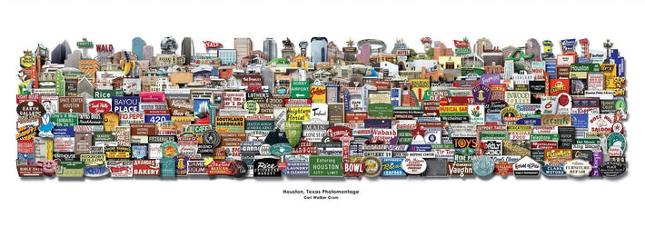 Houston roadside photomontage 12x36 panoramic art print by Carl Crum — vintage Houston signs and landmarks, hand-signed