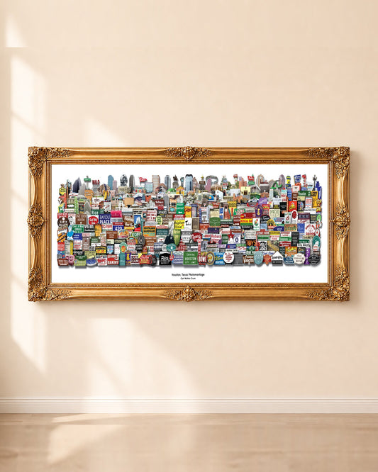 Houston roadside photomontage art print by Carl Crum in a gold frame