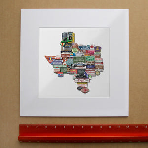 Houston Texas Shaped Photomontage Print | Old Neon, Signs and Landmarks  | Texas Icons | Carl Crum Art in matted square frame mockup