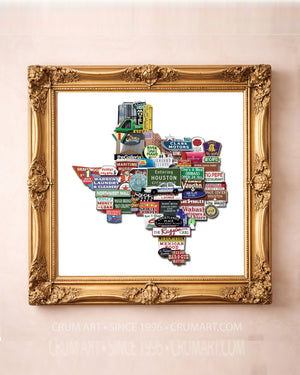 Houston Texas-shaped landmarks print by Betsy Crum in a square gold frame