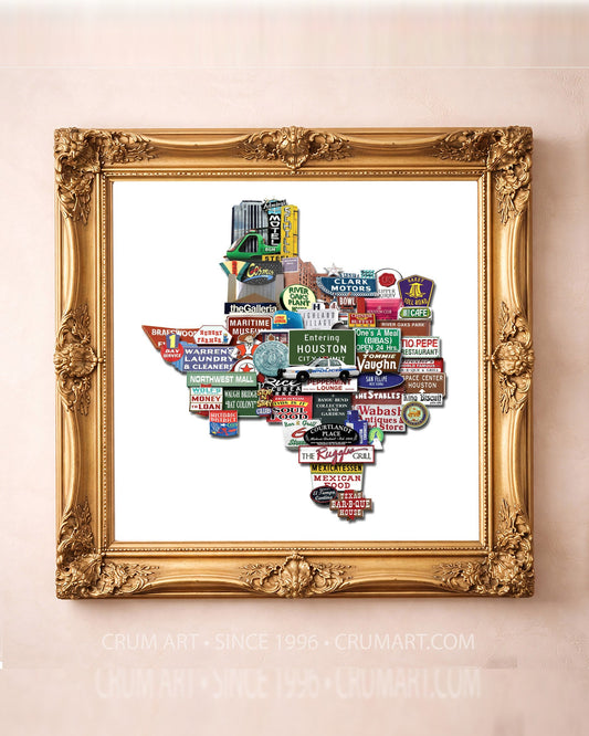Houston Texas-shaped landmarks print by Betsy Crum in a square gold frame
