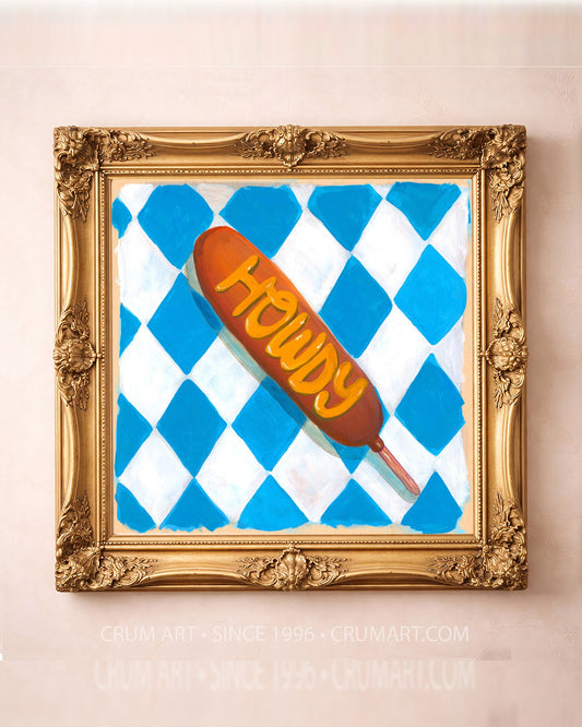 Howdy Corn Dog Print art print in a gold frame by Caya Crum — square kitchen wall art from Crum Art, available at crumart.com. This museum quality print is made right here in Texas.