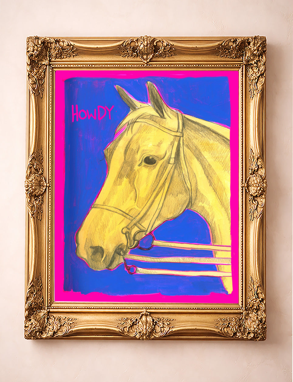 Howdy Horse Neon Yellow shown framed by Crum Art