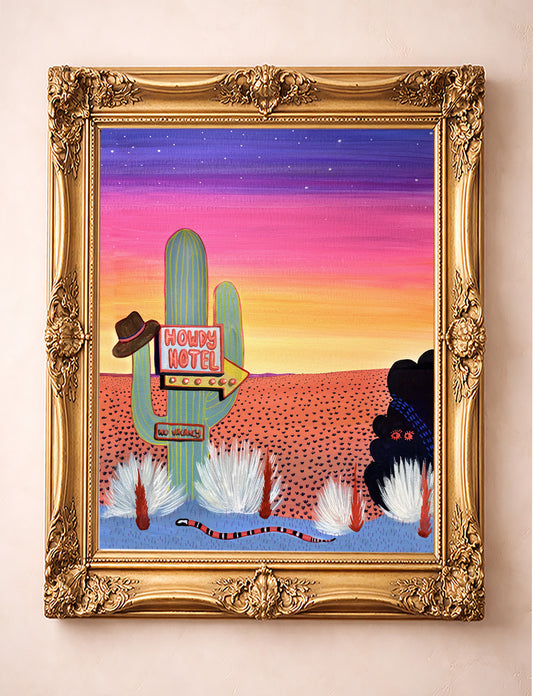 Western Art Prints — Howdy Hotel Neon Desert Sunset Pop Art Print | Caya Crum Art