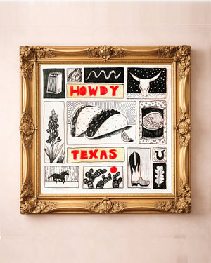 Howdy Texas Icons art print by Caya Crum with bluebonnets, tacos, cowboy boots, cactus, Dr Pepper, and longhorn skull in ornate gold frame