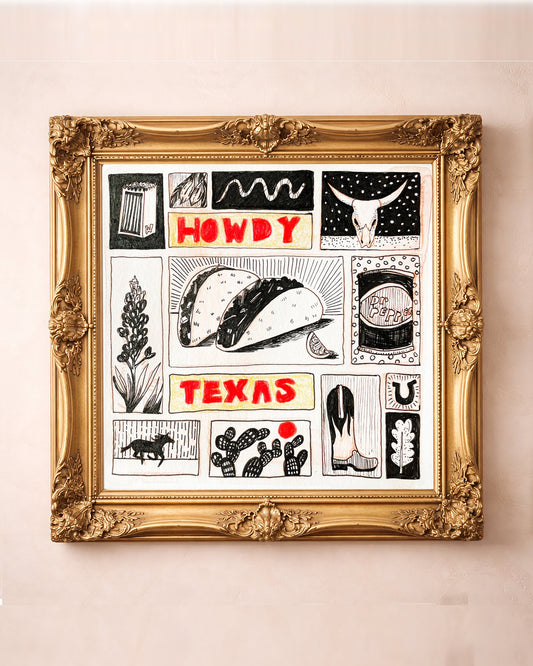 Howdy Texas Icons art print by Caya Crum with bluebonnets, tacos, cowboy boots, cactus, Dr Pepper, and longhorn skull in ornate gold frame