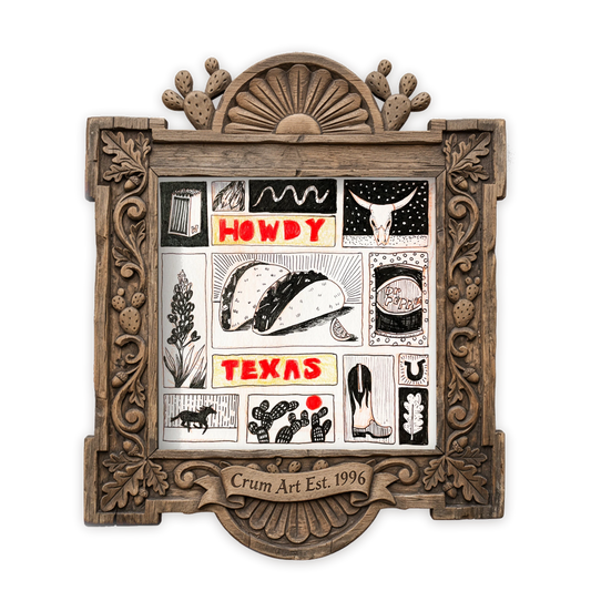 Howdy Texas Icons Print — art print by Caya Crum in a carved wood frame