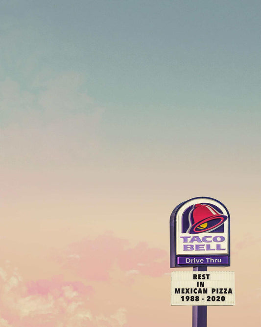Taco Bell Mexican Pizza memorial art print with Texas sky and retro sign by Crum Art