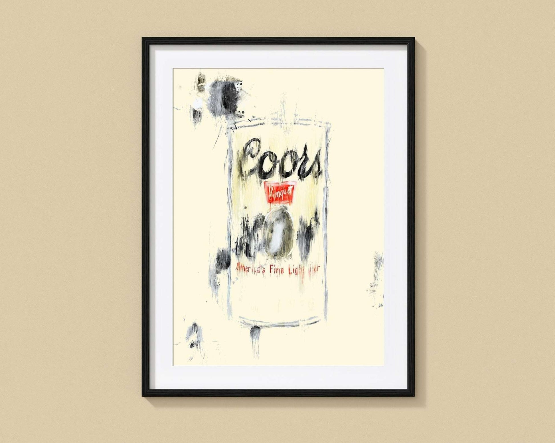 Coors Banquet Beer modern art print by Betsy Crum on cotton rag paper in black frame