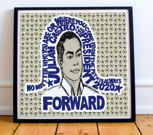 Framed Julian Castro Quote 2020 museum print with illustrated portrait and bold typography on patterned background