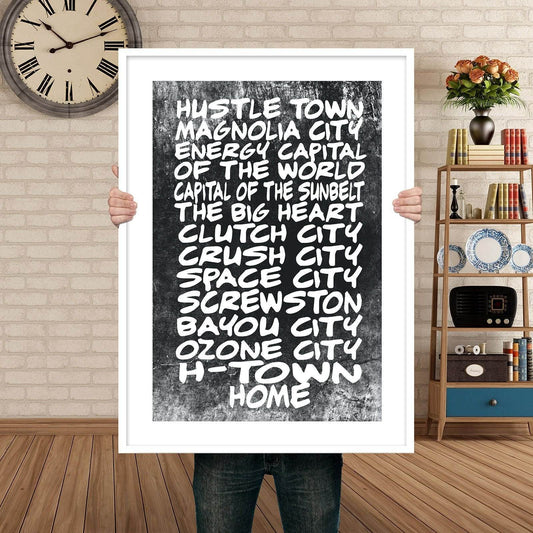 Houston Nicknames art print in black and white by Betsy Crum, Texas wall art with Houston city nicknames on cotton rag paper