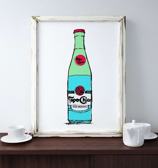 Topo Chico On White modern art print by Crum Art showing colorful Topo Chico bottle illustration on white cotton rag paper framed for wall decor