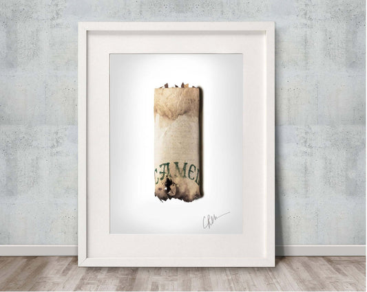 Framed museum print of a partially smoked Camel cigarette on acid-free cotton paper signed by the artist.