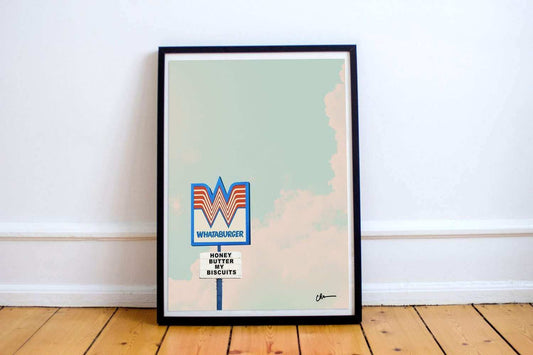 Whataburger Honey Butter My Biscuits art print with Texas sky background by Crum Art