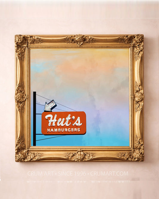 Hut's Hamburgers Print art print in a gold frame by Betsy Crum — square austin art from Crum Art, available at crumart.com. This museum quality print is made right here in Texas.