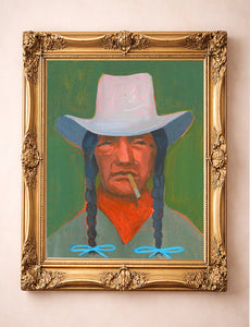Tex green shirt smoking cowboy western print by Caya Crum in a gold frame